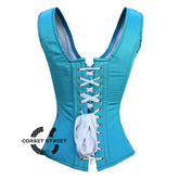 Baby Blue Satin With Front Silver Busk Gothic Overbust Burlesque Corset Waist Training Top